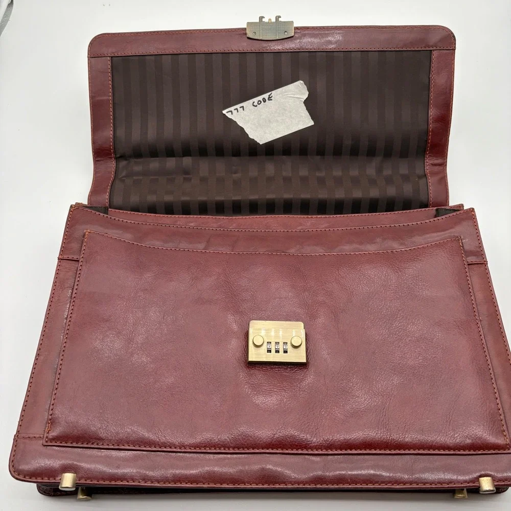 Passage2 brown Leather Briefcase Accordion Messenger bag Combination Lock Brass